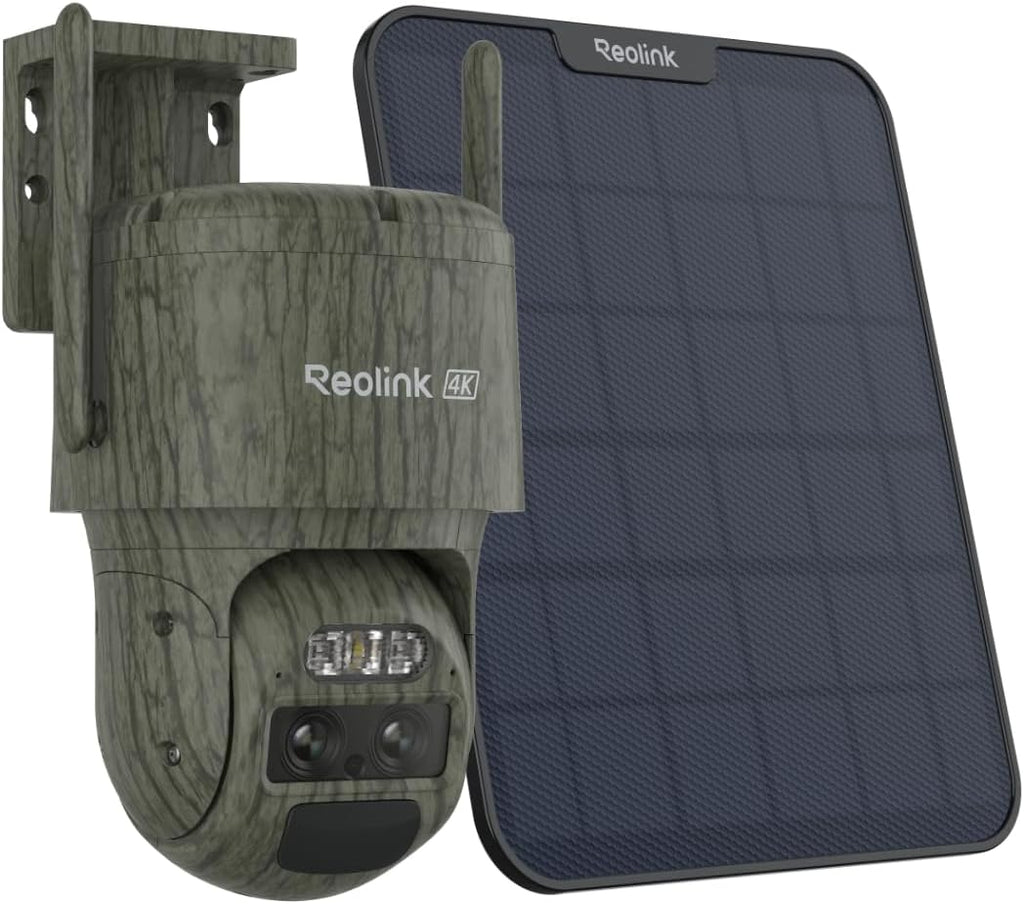 REOLINK 4K Dual Lens 4G LTE Cellular Security Camera, SIM Card Included, Wireless Auto Tracking Trail Camera, 6X Hybrid Zoom, No-Glow IR, Waterproof for Wildlife, TrackMix LTE Trail + Solar Panel 2