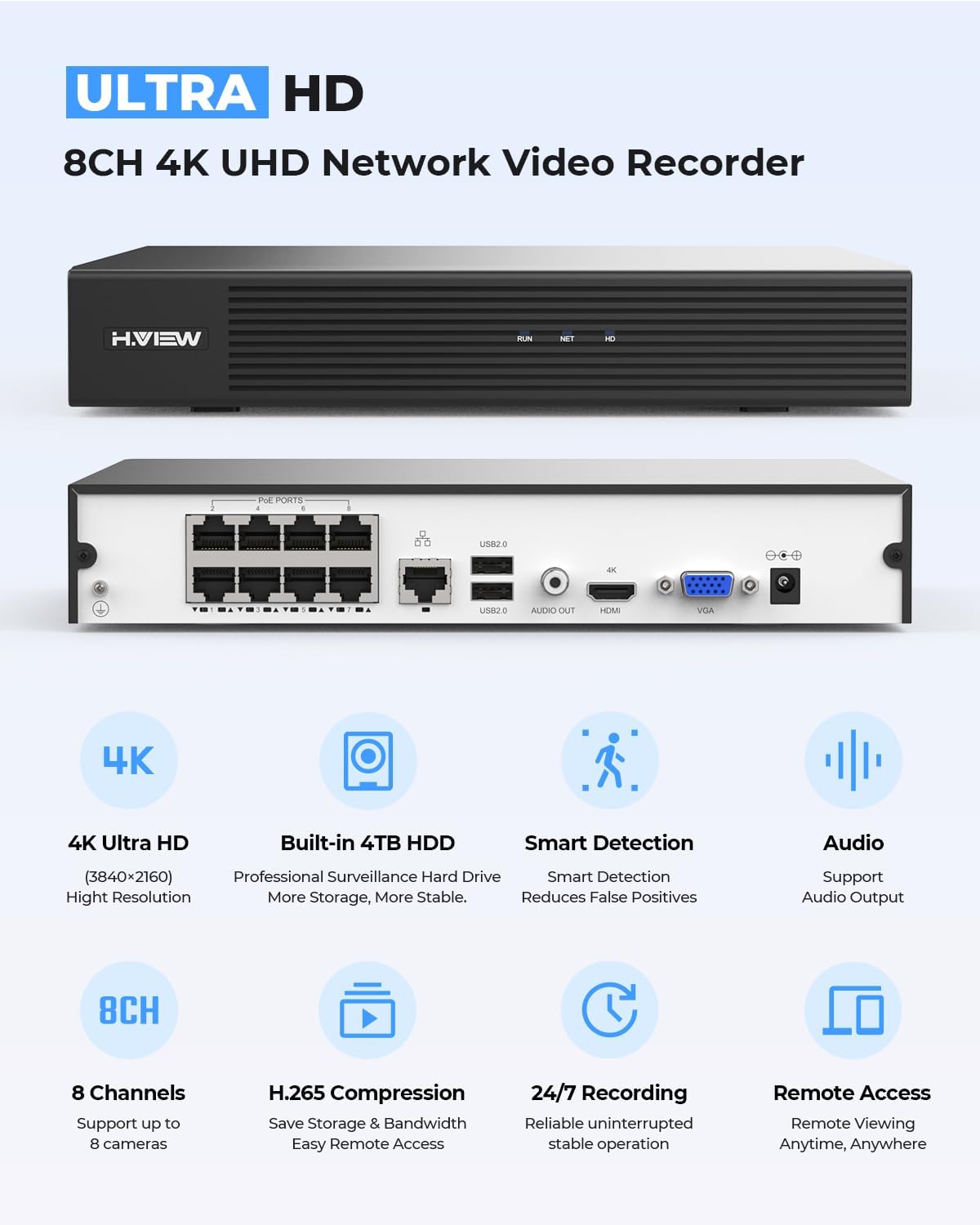 H.VIEW 8MP Security Camera System 4TB HDD, 8pcs POE Security Camera System 4k Outdoor, 8X 8MP Wired Outdoor IP Cameras with Two-Way Audio, Human AI Detection, Cameras System for Home Security