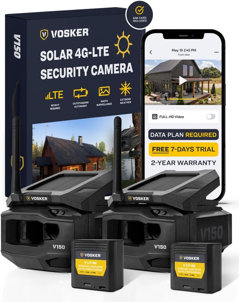 Vosker V150 Twin Pack Solar-Powered LTE Cellular Home Security Outdoor Camera | Motion Activated Photo Capture Nightvision Wireless Camera |Receive Photos (No Video) on Your Mobile App (2 Pack)