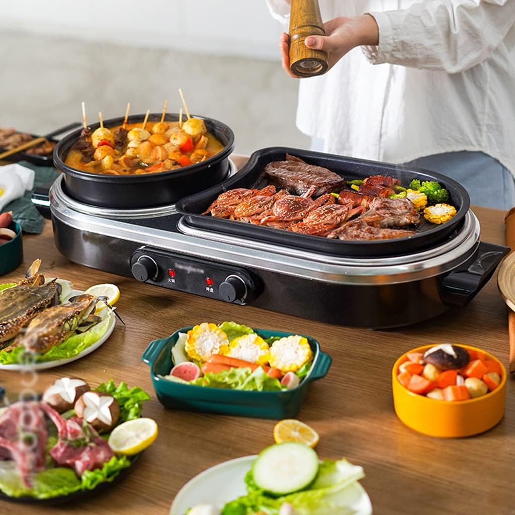 YYDS Hot Pot Large Capacity Barbecue Shabu-Roasting All-in-one Independent Temperature Control Barbecue Grill Hot Pot Shabu Grilled Electric Grill (Color : Black)