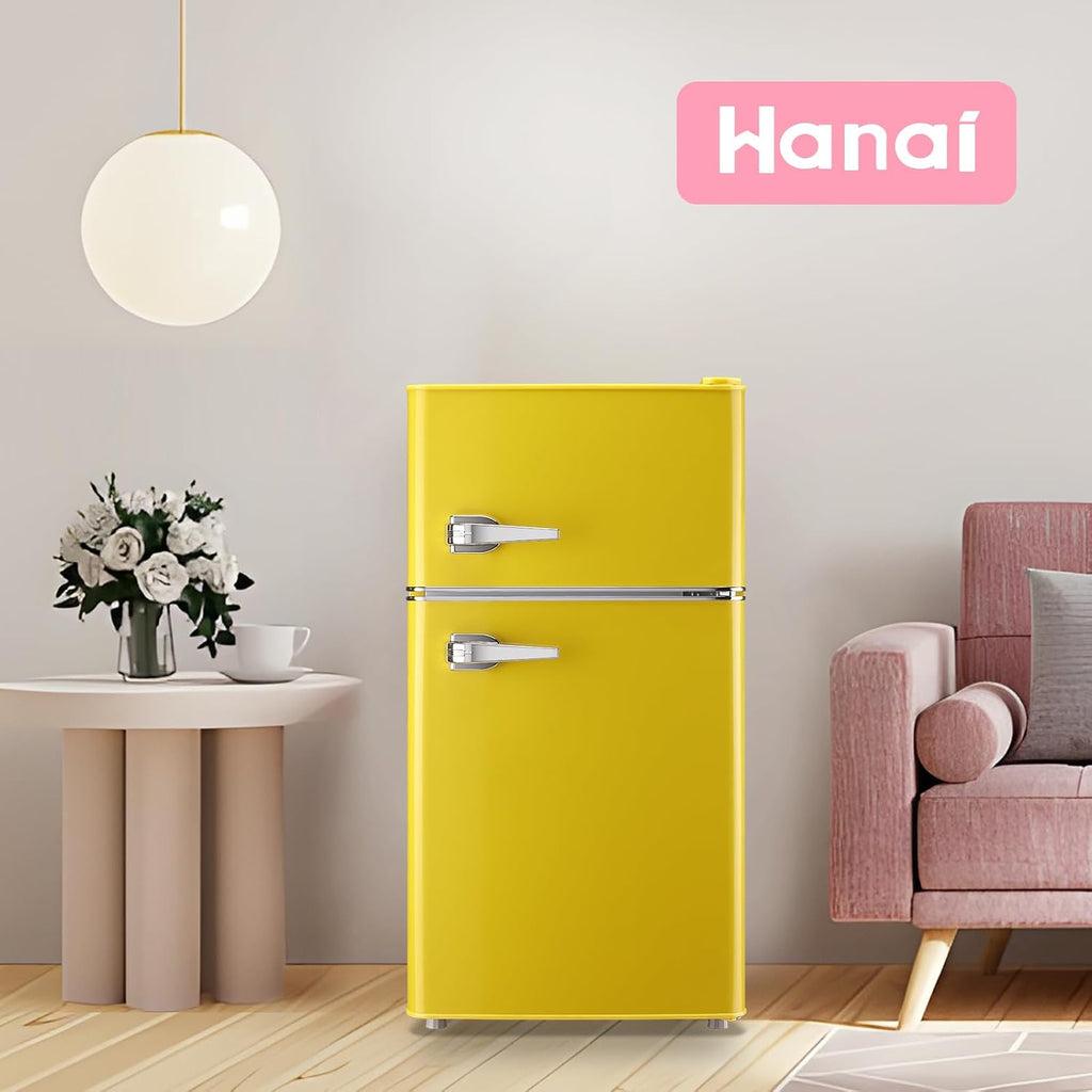 WANAI 3.5 Cu.ft Small Refrigerators Retro Mini Fridge with Freezer Yellow Full-sized Fridge Dual Door Dual Handle Classic Removable Glass Shelves Adjustable Thermostat for Home Office Dorm RV