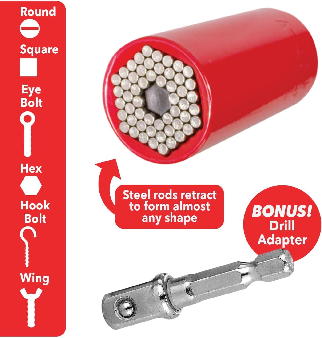 Red Dog Socket w/Drill Adapter, Fits Most Nuts & Bolts, Use with Socket Wrenches & Power Drills, Steel Rods Form Any Shape, Standard or Metric, 2 In. (Pack of 8)