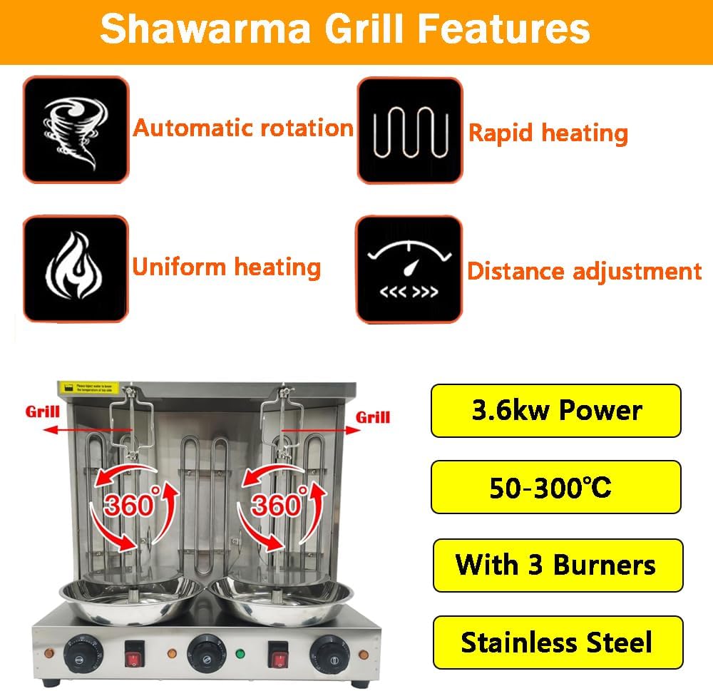 Shawarma Grill Machine Electric Vertical Barbecue Oven with 3 Burners 360° Rotating Kebab Grill Broiler Gyro Rotisserie Oven for Commercial and Home Use