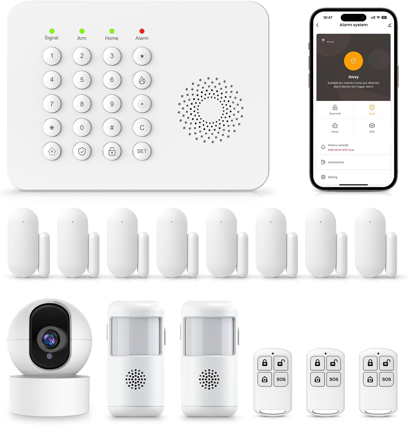 PGST Home Security System,DIY Wireless Home Alarm System for Home Security with Door Motion Sensors,Smart Keypad,Remote,No Subscription Fee (8 Contact Sensor + 2 Motion Sensor + 1 PTZ Camera)