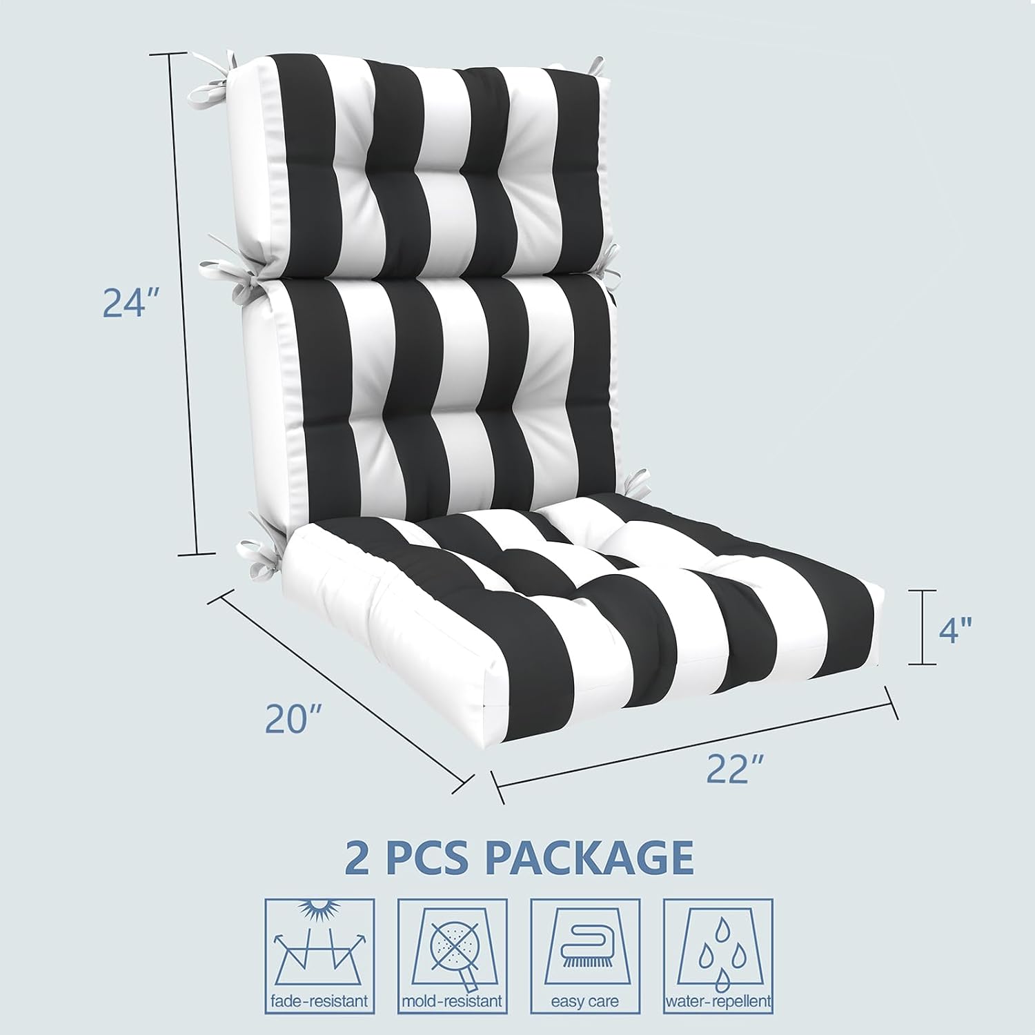 LVTXIII 2 Pack Outdoor High Back Cushions, 22' W x 20' D Tufted Seat and Back Chair Cushion with Ties, Fluffy Patio Replacement Rocking Chair Cushion for Outdoor Furniture Use, Cabana Black