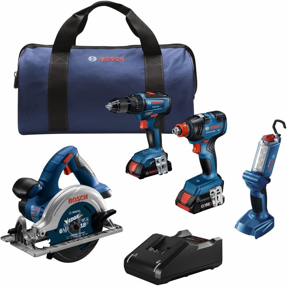 BOSCH GXL18V-497B23 18V Power Tool Combo Kit - 4 Tool Cordless Set with 1/2 In. Hammer Drill/Driver, Two-in-One Impact Driver/Wrench, Circular Saw, Worklight, Batteries & Charger