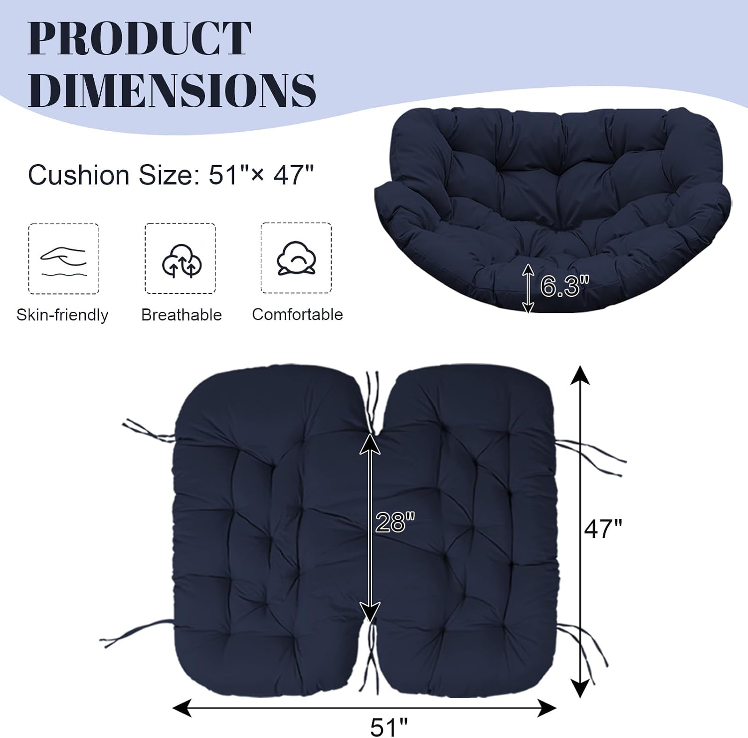 Thickened Waterproof Papasan Rocking Chair Cushion, 6.3'' Patio Egg Chair Pad with Ties, Outdoor/Indoor Rattan Hammock Cushions for Porch, Garden, Balcony(Only Cushion no Chair) (Navy Blue)