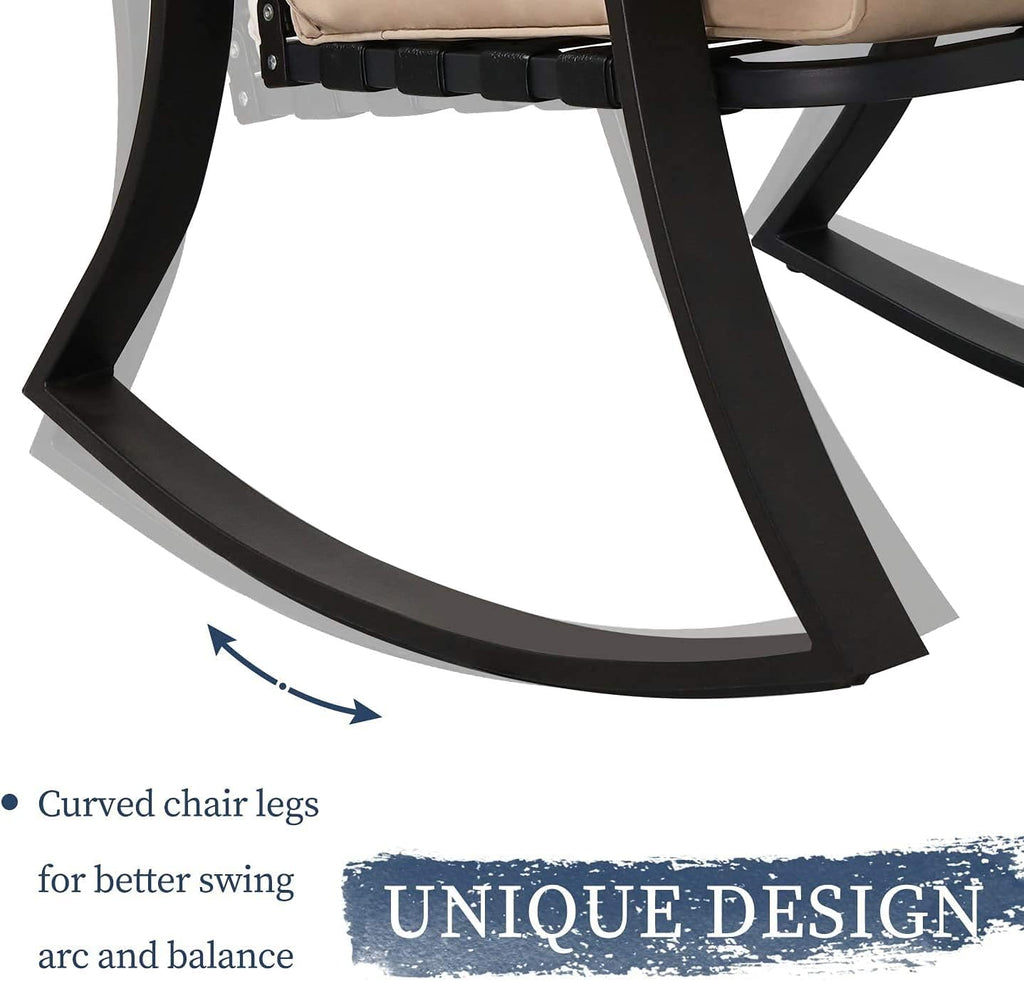 Oakcloud Oakmont Outdoor Furniture 3 Piece Conversation Bistro Set Rocking Chairs and Glass Top Table, Thick Cushions, Black Steel (Brown)
