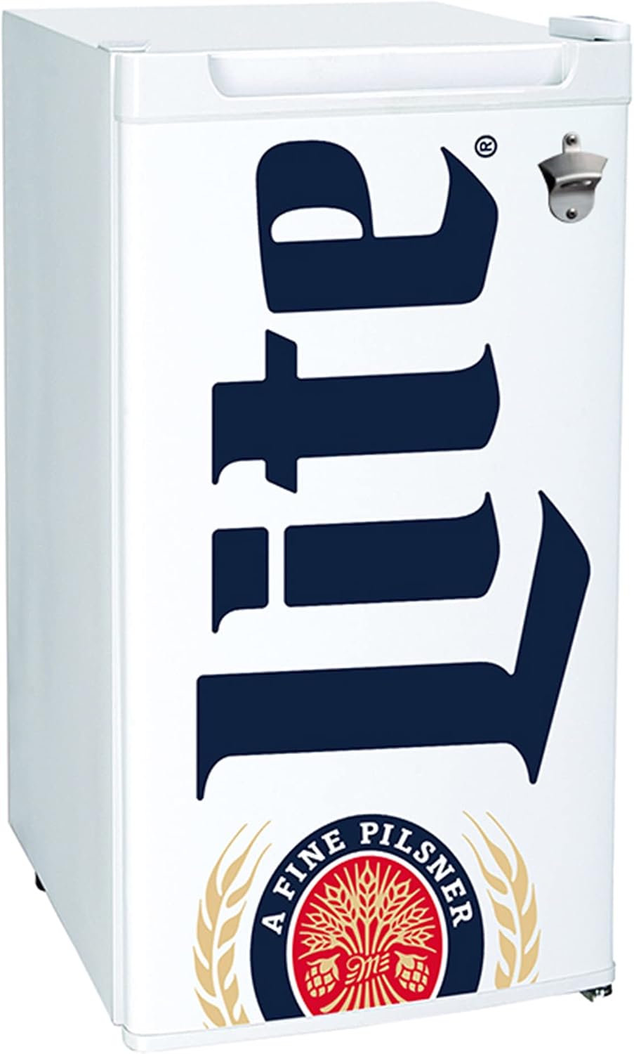Miller Lite Koolatron Compact Fridge, Bottle Opener, 90 L/ 95 Quart 3.2 Cubic Foot for Snacks, Frozen Meals, Beverages, Juice, Beer, Den, Dorm, Office, Games Room, or RV