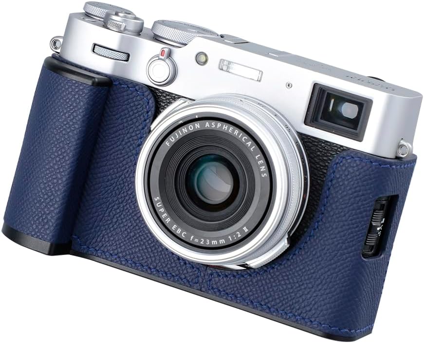 Camera Half Case for Fujifilm Fuji X100VI,Vintage Metal Genuine Leather Instant Camera Protective Cases Stylish Portable Shockproof (BlueL)
