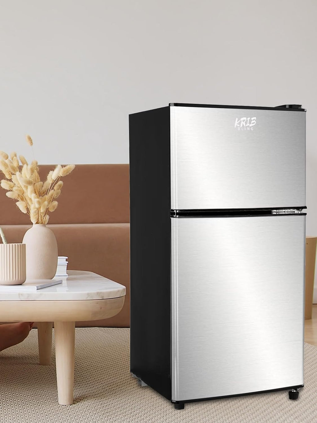 KRIB BLING 3.5 Cu.Ft Mini Fridge,Small Refrigerator 7 Level Adjustable Thermostat Removable Shelves with Stainless Steel 2 door for Office Dorm Apartment Silver