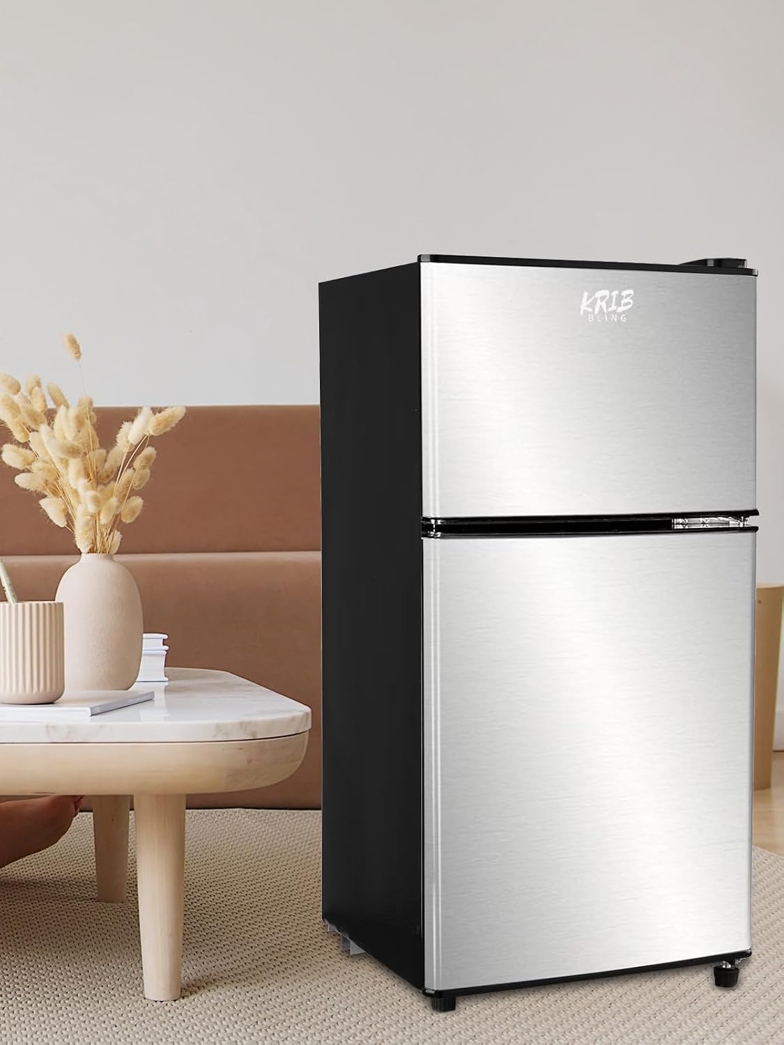 KRIB BLING 3.5 Cu.Ft Mini Fridge,Small Refrigerator 7 Level Adjustable Thermostat Removable Shelves with Stainless Steel 2 door for Office Dorm Apartment Silver