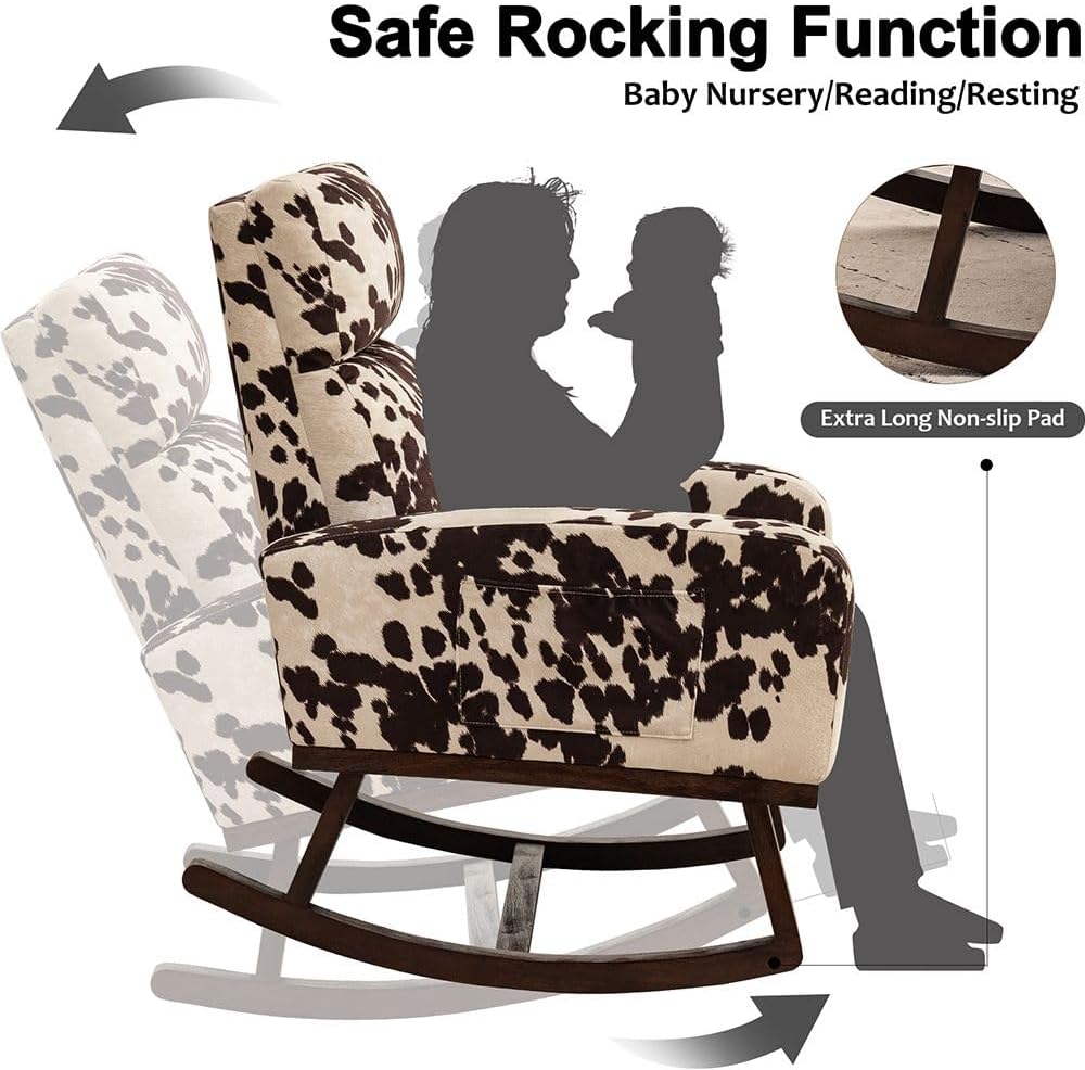HCHAIRH Rocking Chair Nursery, Nursing Rocker Armchair with High Backrest, Comfy Rocking Chair for Nursery, Living Room,Bedroom, Cow Printed