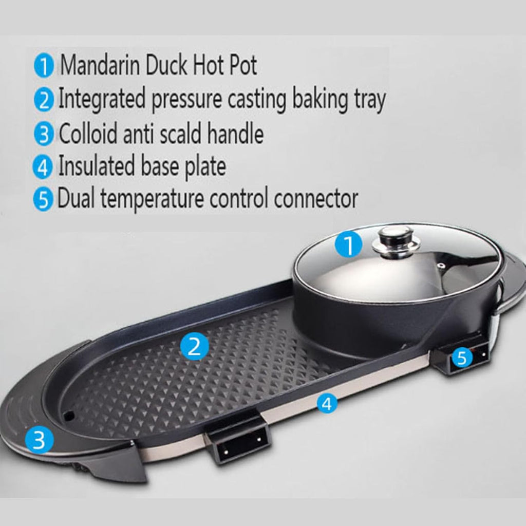 Electric Smokeless Non-Stick, Removable Hotpot Pot, Korean Barbecue Pan Indoor for 5-6 People Independent Dual Temperature Control Fast Heating