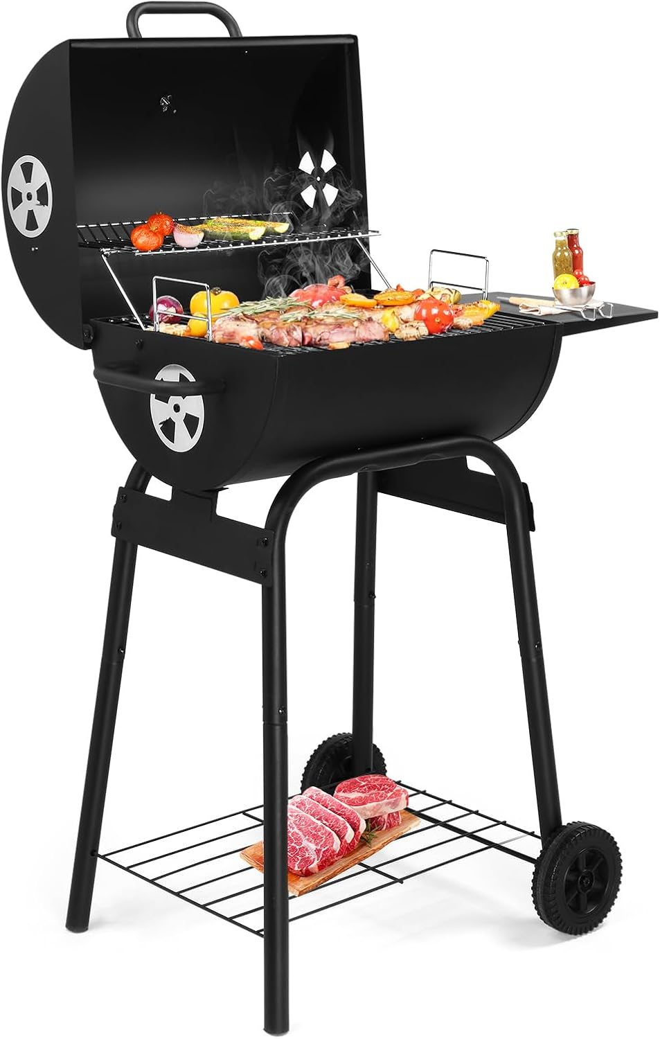 Charcoal BBQ Grill with Adjustable Charcoal Pan, Large Cooking Area, Air Dampers, Side Table, and Wheels, Portable Barbecue Grills for Outdoor Backyard, Camping, Patio Parties, and Picnics