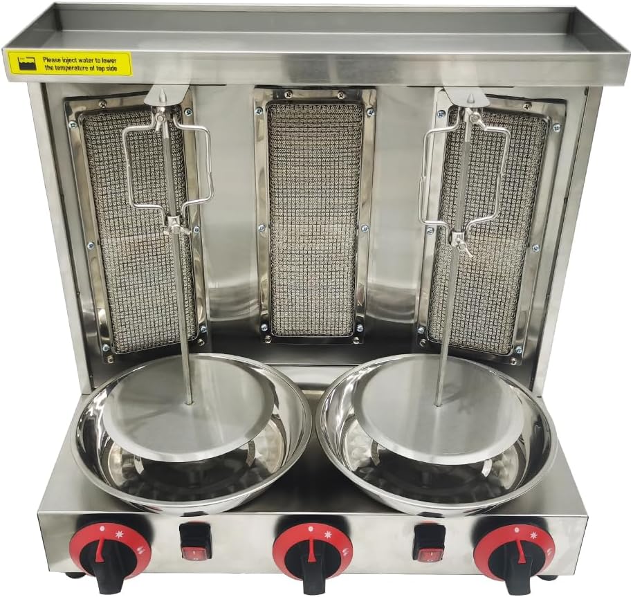 Shawarma Grill Machine LP Gas Turkish Barbecue Shawarma Rotisserie Countertop Rotating Doner Kebab Gyro Grill Oven Vertical Broiler with 3 Burners for Home Kitchen Restaurant Party