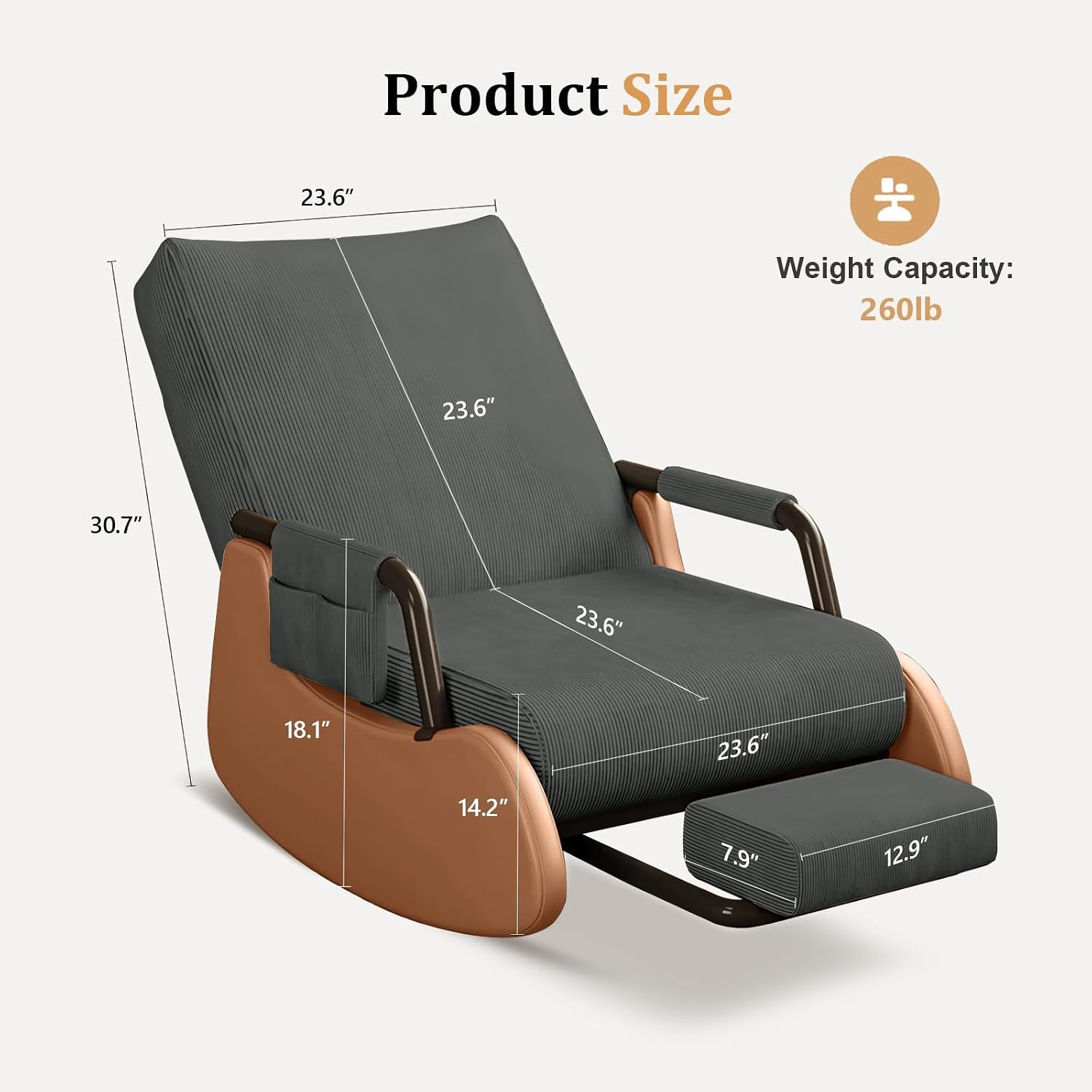 JPBSTO Rocking Chair Nursery, Upholstered Glider Rocking Chair with Side Pocket and Adjustable High Backrest, Foldable Rocker Recliner with Footrest Perfect for Living Room Bedroom, Deep Grey