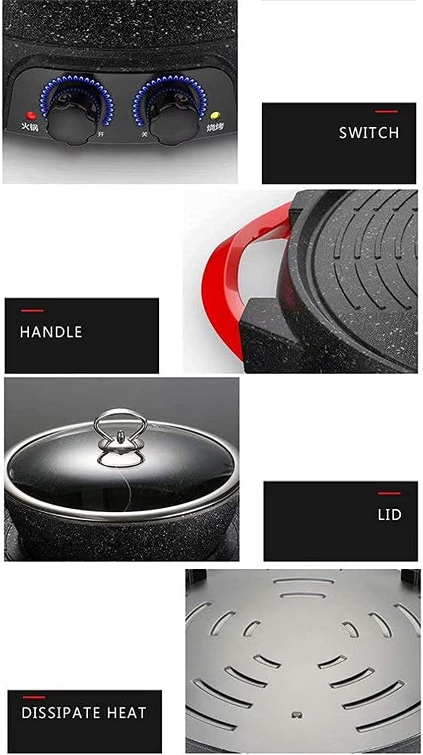 Electric Grill 2 in 1 Electric Pan Shabu Hot Pot BBQ with 5 Temperature adjustments for Indoor Outdoor (Color : Black 1, Size : 52 * 52 * 15cm)