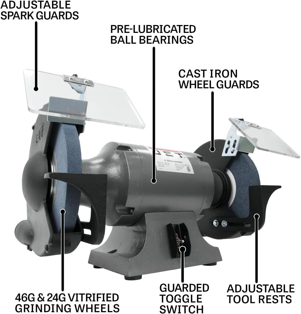 JET 10-Inch Bench Grinder, 1750 RPM, 1 HP, 120V 1Ph (Model JBG-10)