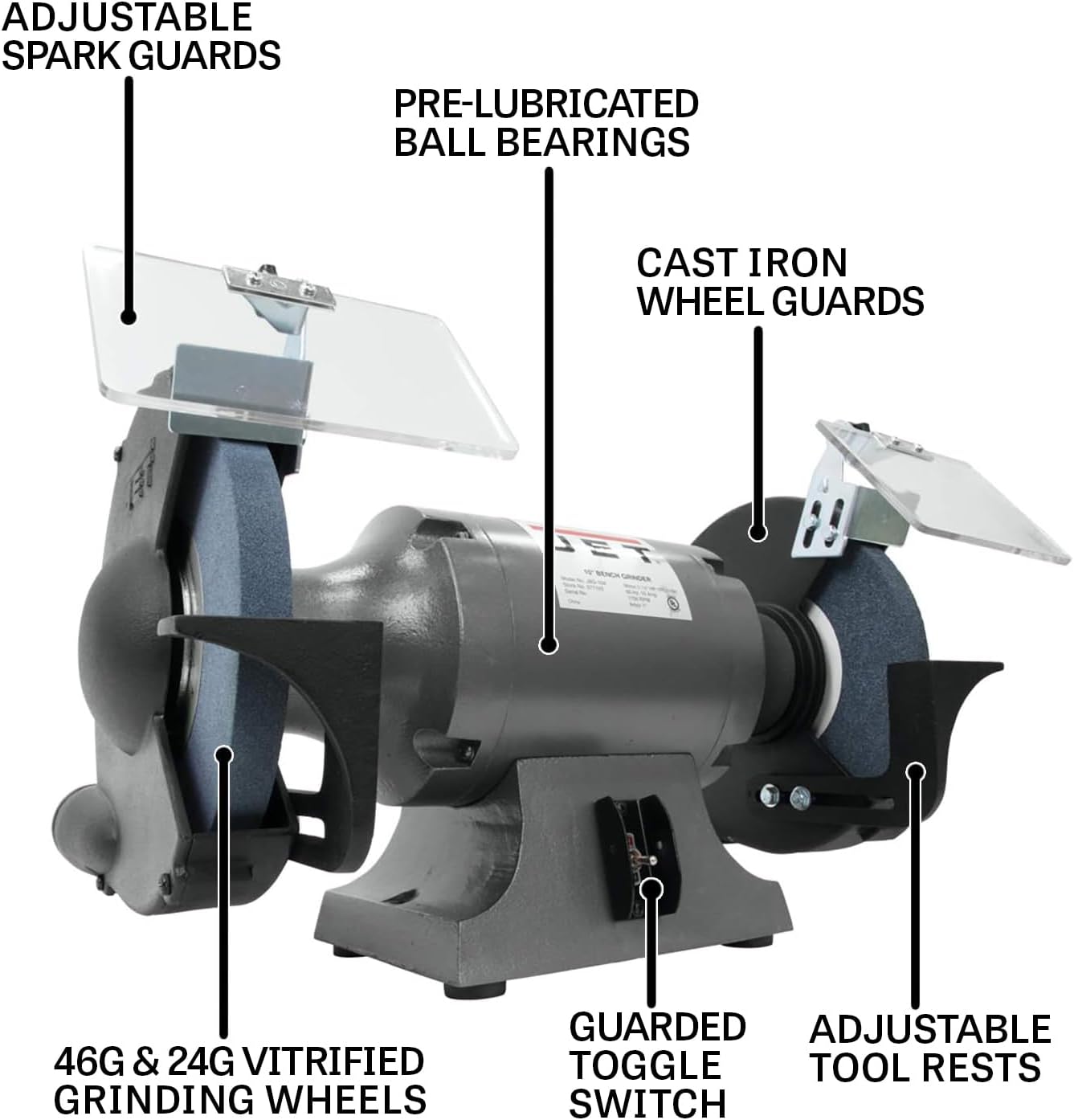 JET 10-Inch Bench Grinder, 1750 RPM, 1 HP, 120V 1Ph (Model JBG-10)
