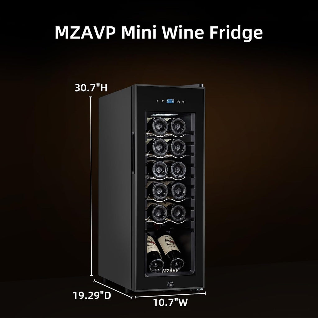 Mini Wine Fridge, 12 Bottle Compressor Wine Cooler Refrigerator, Freestanding Wine Cellar For Red&White Wine, Digital Temperature Control, Removable Shelves, Glass Door