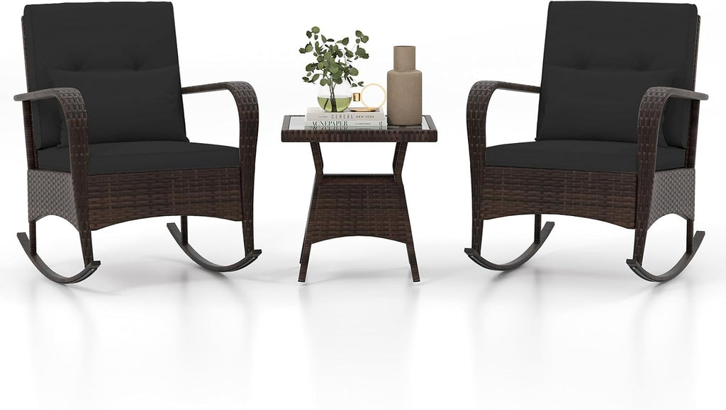 Tangkula 3 Pieces Rocking Bistro Set, Patiojoy Outdoor PE Rattan Rocker Chairs with Removable Cushions & Tempered Glass Top Coffee Table, Outdoor Wicker Furniture Set for Porch, Garden (Black)