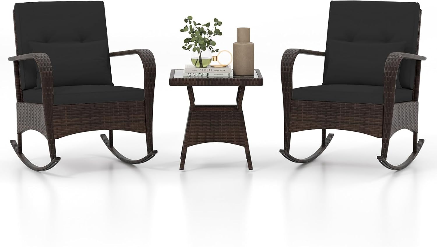 Tangkula 3 Pieces Rocking Bistro Set, Patiojoy Outdoor PE Rattan Rocker Chairs with Removable Cushions & Tempered Glass Top Coffee Table, Outdoor Wicker Furniture Set for Porch, Garden (Black)