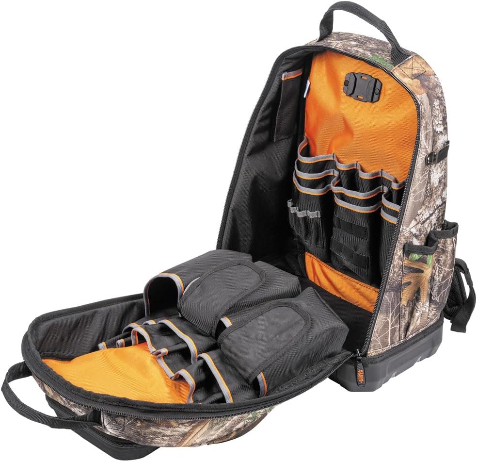 Klein Tools 62800BPCAMO Backpack Tool Bag, Tradesman Pro Extra-Large 40-Pocket Jobsite Camo Tool Backpack with Molded Bottom, Charging Port
