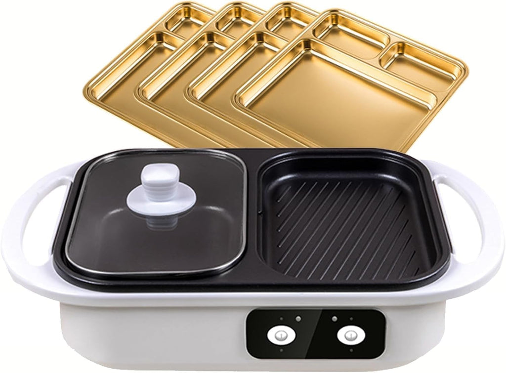 2-in-1 Electric Grill for BBQ and Hotpot, Nonstick Electric Frying Pans 1300w Shabu Pot BBQ Plate with Double Disc Design, One Pan for Grilling, Barbecue, with 4 Plates