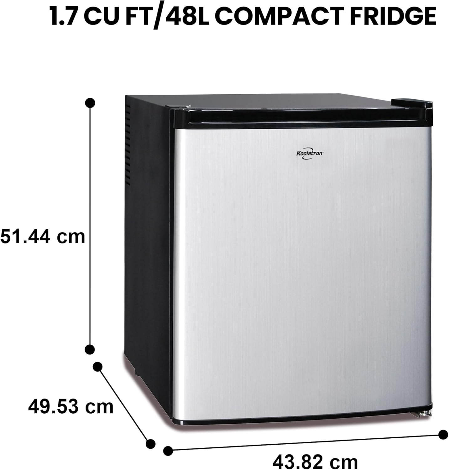 Koolatron Stainless Steel Compact Fridge with Freezer, 1.7 Cubic Feet (48 L) Capacity, Silver and Black, for Snacks, Frozen Meals, Beverages, Juice, Beer, Den, Dorm, Office, Games Room, or RV