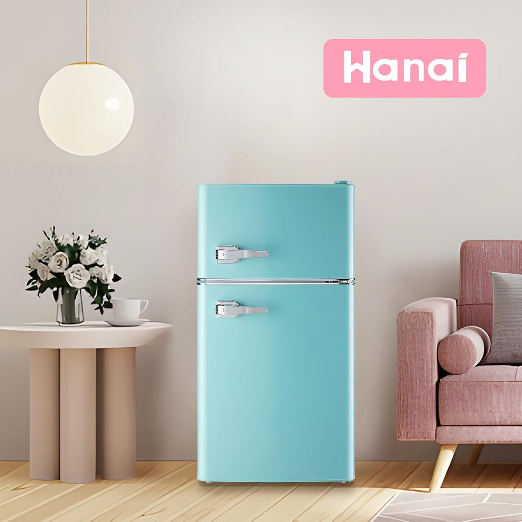 WANAI 3.5 Cu.ft Refrigerators Full-sized Fridge with Freezer Handles Blue Fridge Dual Door Classic Retro Refrigerator Removable Glass Shelves Adjustable Thermostat for Home Office Dorm RV