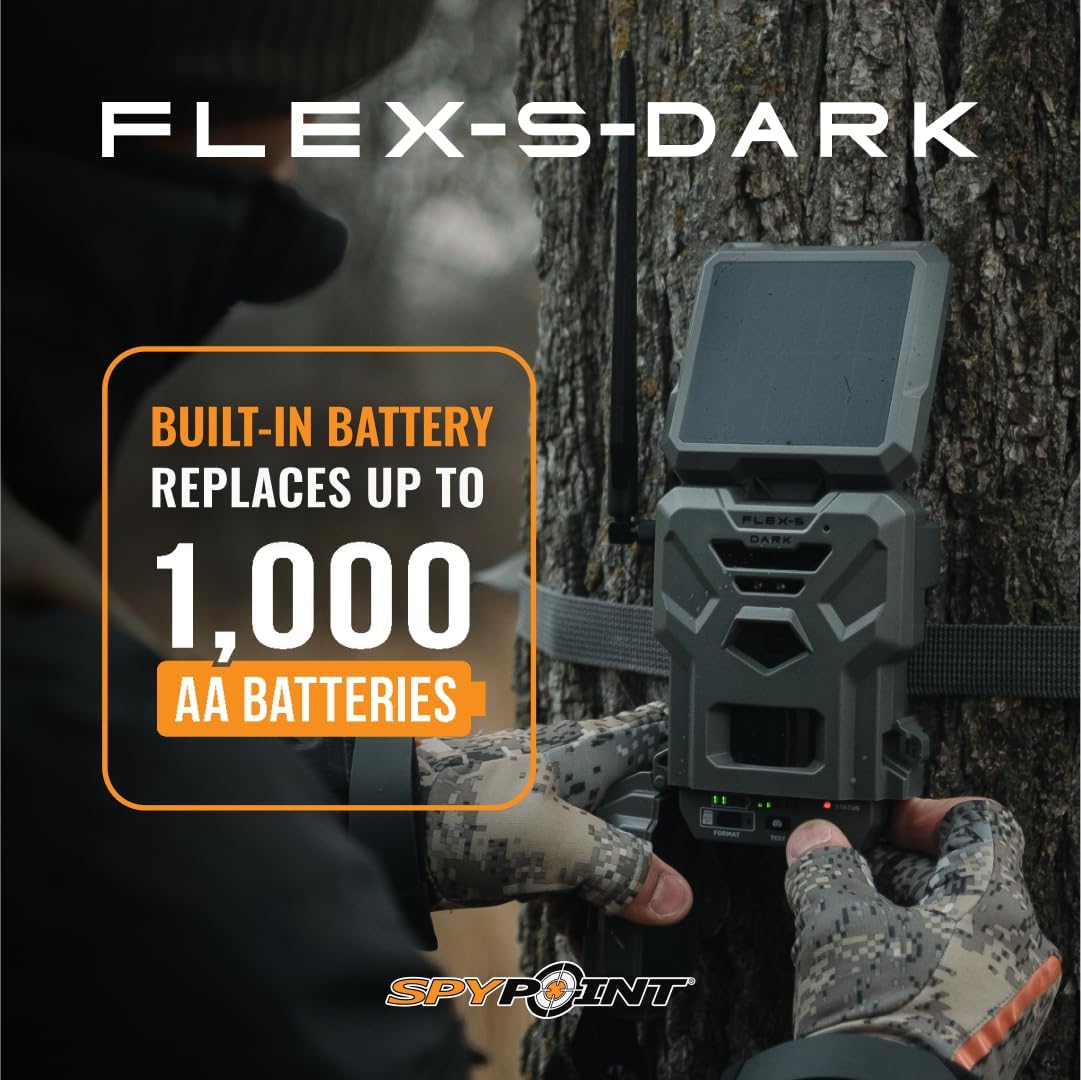SPYPOINT Flex-S-Dark Starter Pack with SD Card - Solar Cellular Trail Camera – Built-in Solar Panel, 40MP Photos, 1080p Videos + Sound, No-Glow Game Camera, Night Vision, Motion Activated Trail Cam