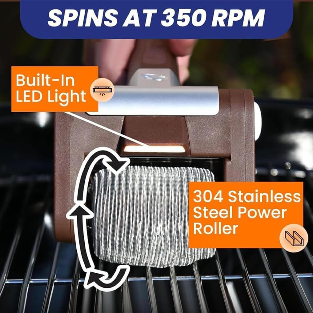 Electric Grill Cleaner, Cordless Rechargeable BBQ Tool with 350 RPM Stainless Roller, Bristle-Free 304 Stainless Steel Power Roller