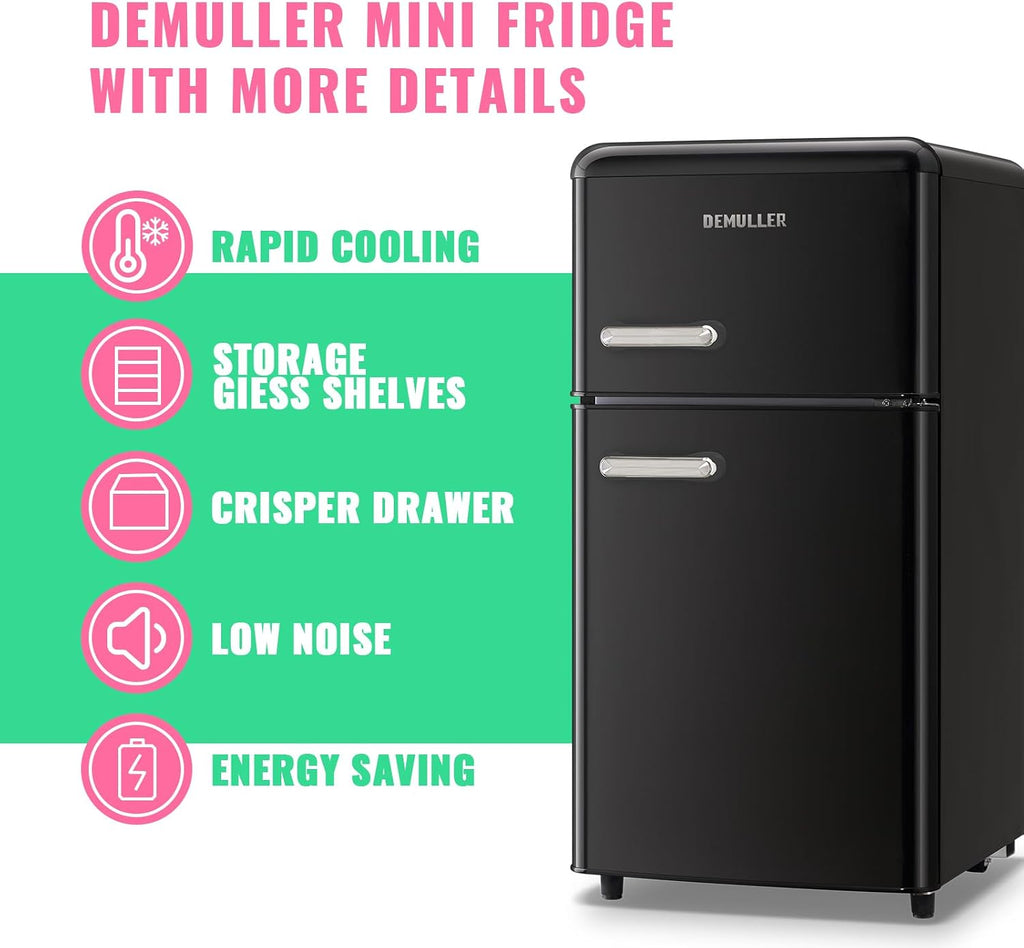 DEMULLER 3.5 Cu.ft Black Mini Fridge 2 Door Compact Refrigerator with Freezer, Small Refrigerator with 7 Adjustable Temperature Control, 2 Removable Glass Shelves and 1 Crisper Drawer