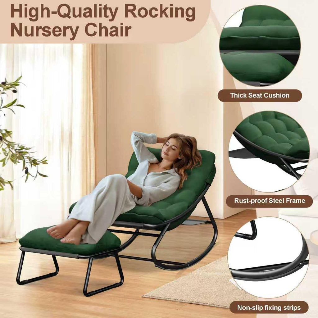 Outdoor and Indoor Rocking Chairs, Comfy Patio Chair, Rocking Chair with Ottoman and Sturdy Metal Frame, Balcony Chairs with Thickened Cushion, Silla Mecedora for Patio Porch Garden Living (Green)