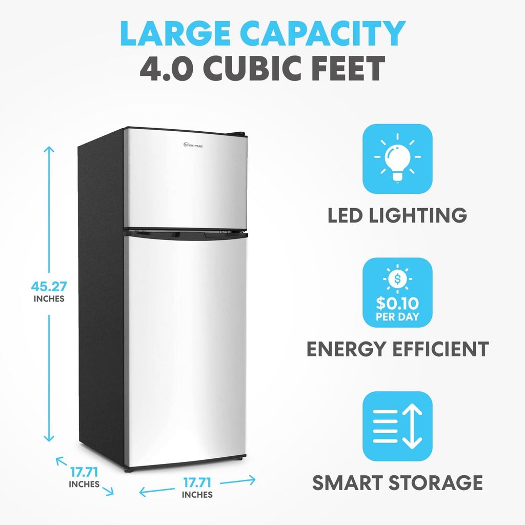 Simpli-Magic 4.0 Cu.Ft. Mini Fridge with Freezer – Compact Double Door Refrigerator for Dorm, Office, Bedroom – Adjustable Thermostat, Energy Efficient, Stainless Steel