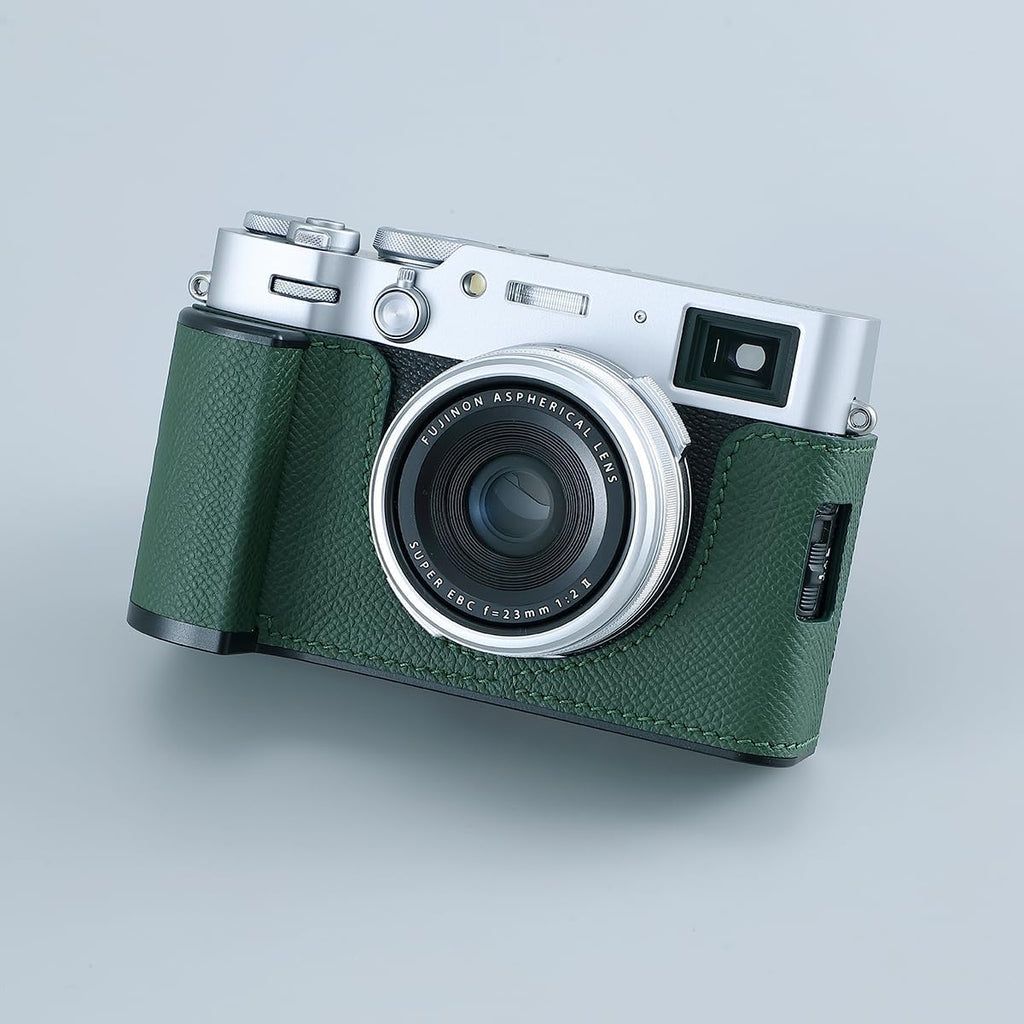 Camera Half Case for Fujifilm Fuji X100VI,Vintage Metal Genuine Leather Instant Camera Protective Cases Stylish Portable Shockproof (GreenD)