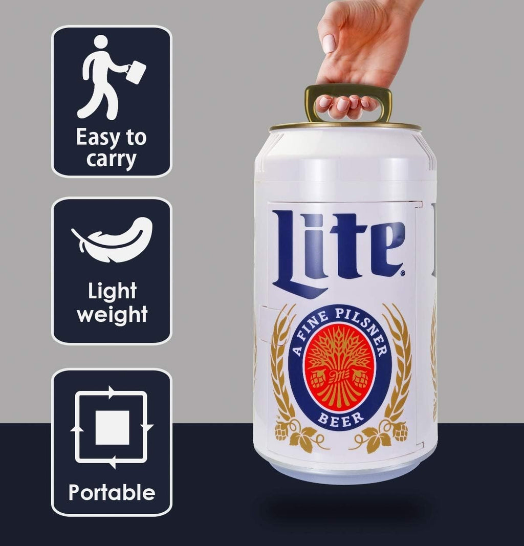 Miller Lite Mini Fridge - Refrigerator for Bedroom Office, Portable Table Top Beverage Cooler, 12V 110V Refrigerador For Drinks, Soda, Wines, Use In Car, Outdoor, Patio, 8 Can