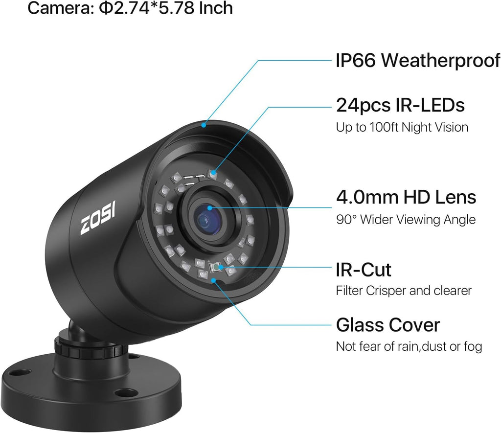 ZOSI H.265+ 1080p 16 Channel Home Security Camera Outdoor Indoor, 16CH CCTV DVR with AI Human Vehicle Detection and 16 x 1080p Surveillance Bullet Camera, 100ft Night Vision, 90° View Angle, 2TB HDD