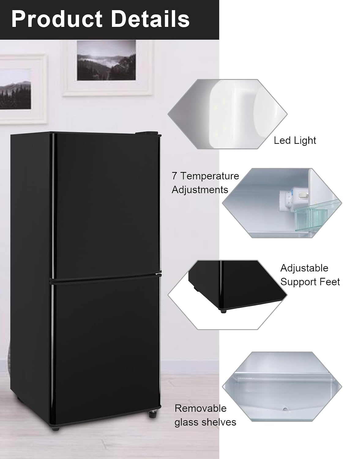 KRIB BLING Refrigerator with Freezer 4.0 Cu.Ft with 7 Level Adjustable Thermostat Control 2 Door Bottom Freezer Refrigerator Lock Fresh Energy Saving for Apartment Bedroom Dorm and Office Black