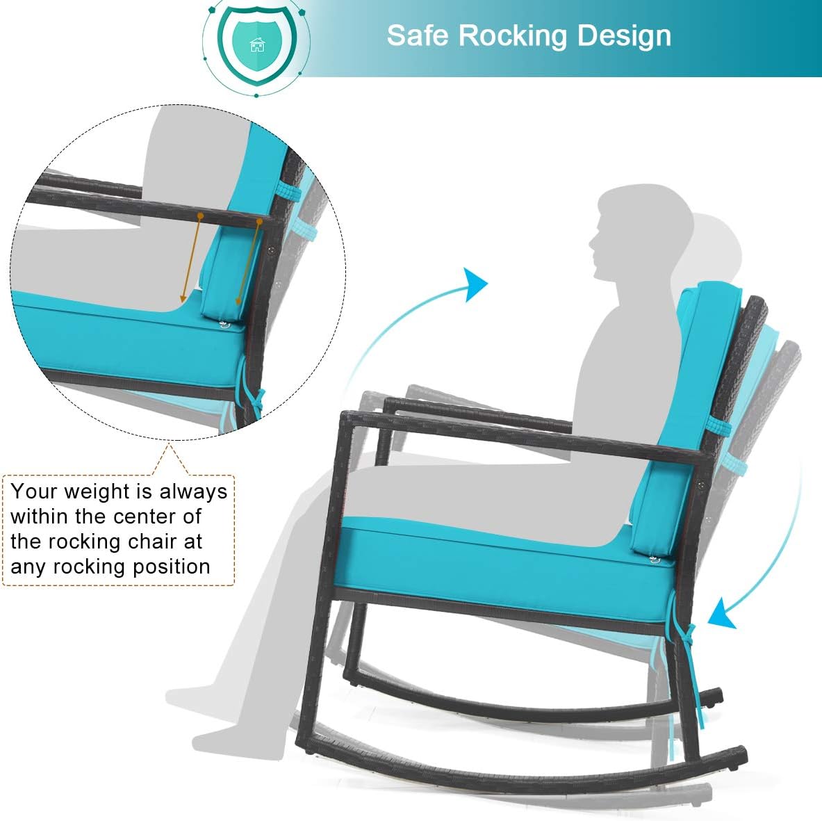 HAPPYGRILL Wicker Rocking Chair, Outdoor Patio Glider Chair with Heavy-Duty Frame, Thick Cushion, Rattan Rocking Chair for Backyard Garden Porch