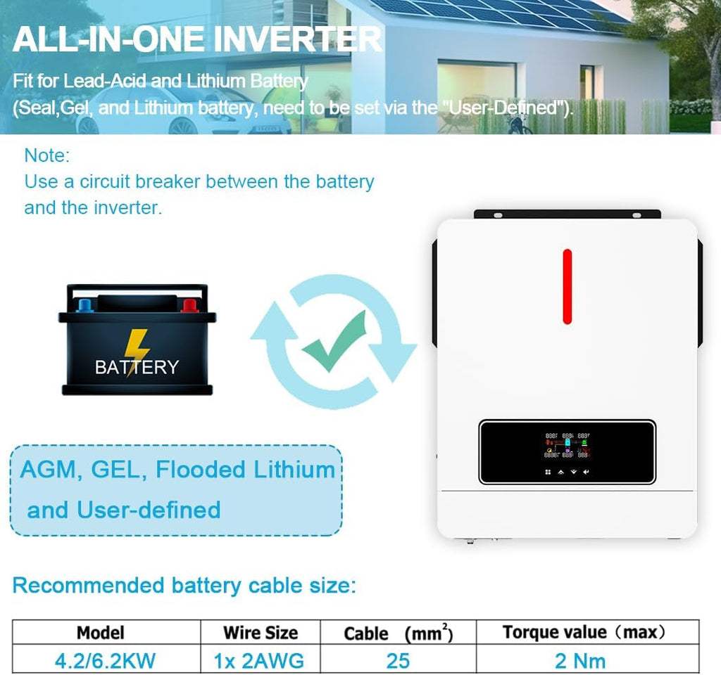 Y&H 6.2KW Solar Hybrid Inverter 48V AC220V On/Off-Grid Solar Inverter Built-in MPPT 120A Solar Charger, Two Load Output Power Max PV Power 6500W Input, Supports Batteryless