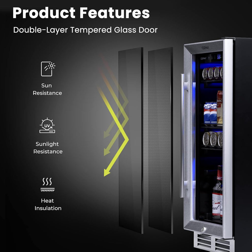 COSTWAY 15 Inch Beverage Cooler Refrigerator - 3.5 Cu.ft Mini Fridge with Glass Door, Lock and Removable Shelves for Soda Beer Wine, Freestanding Small Drink Refrigerator for Home Office Bar
