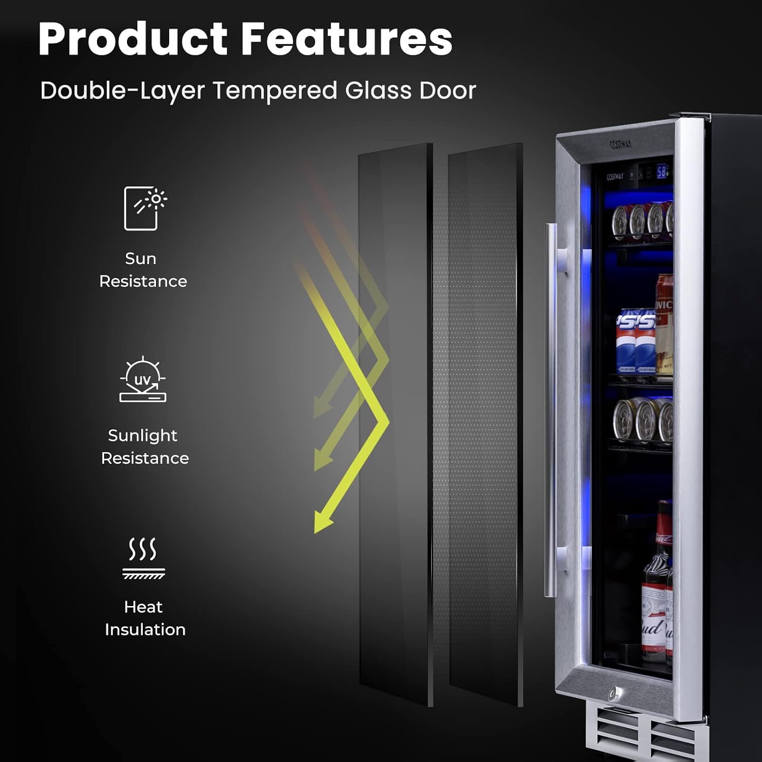 COSTWAY 15 Inch Beverage Cooler Refrigerator - 3.5 Cu.ft Mini Fridge with Glass Door, Lock and Removable Shelves for Soda Beer Wine, Freestanding Small Drink Refrigerator for Home Office Bar