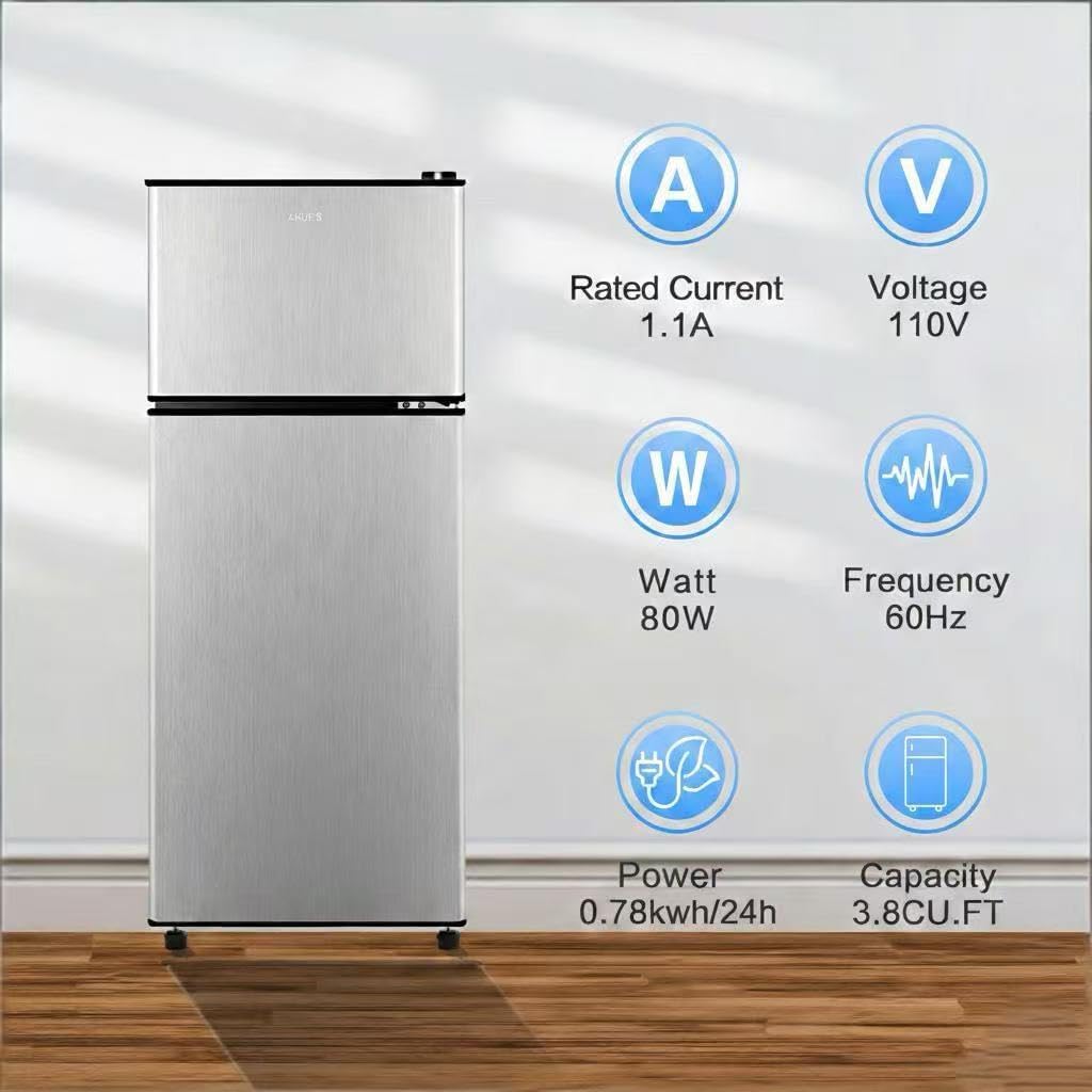Anukis Compact Refrigerator 3.8 Cu Ft 2 Door Mini Fridge with Freezer For Apartment, Dorm, Office, Family, Basement, Garage