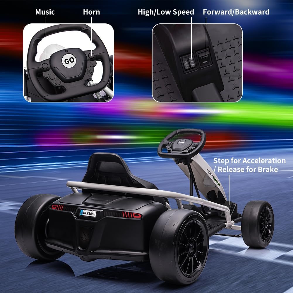 Go Kart, Big Kids Electric Karts, 24v 2 x 300w 8MPH Support for Smooth Slew Drift with Slow Start and Seat Belt for Double Protection, with Musical Horns, Maximum Load 180Lbs, for Kids 8-11 Year