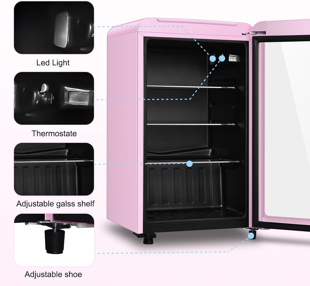 Retro Beverage Refrigerator, 3.2 Cu.Ft Mini Fridge with Glass Door, Vintage Freestanding Drink Cooler for Office, Bar, Home, Adjustable Shelving, Adjustable Thermostat (Pink)