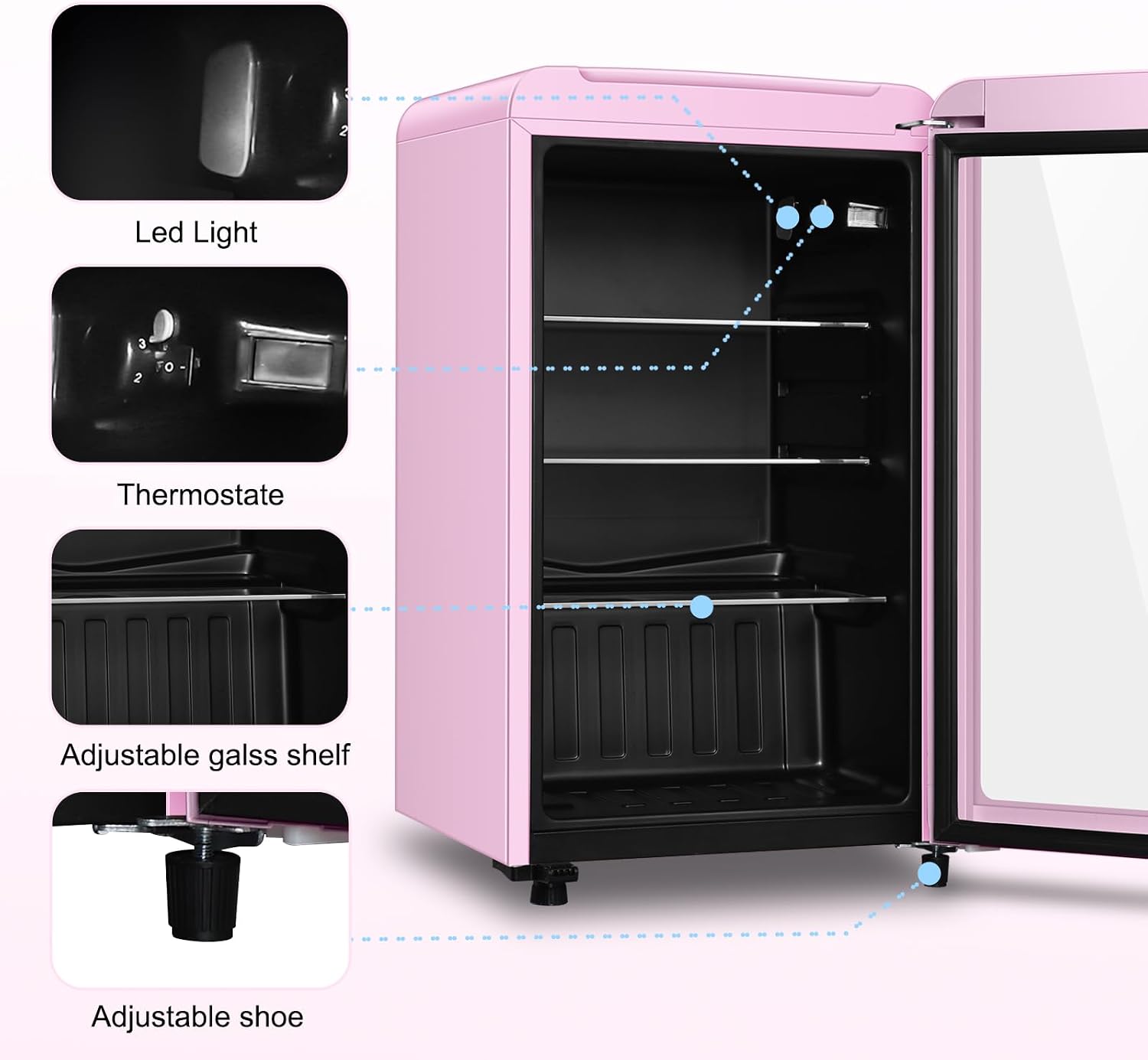 Retro Beverage Refrigerator, 3.2 Cu.Ft Mini Fridge with Glass Door, Vintage Freestanding Drink Cooler for Office, Bar, Home, Adjustable Shelving, Adjustable Thermostat (Pink)