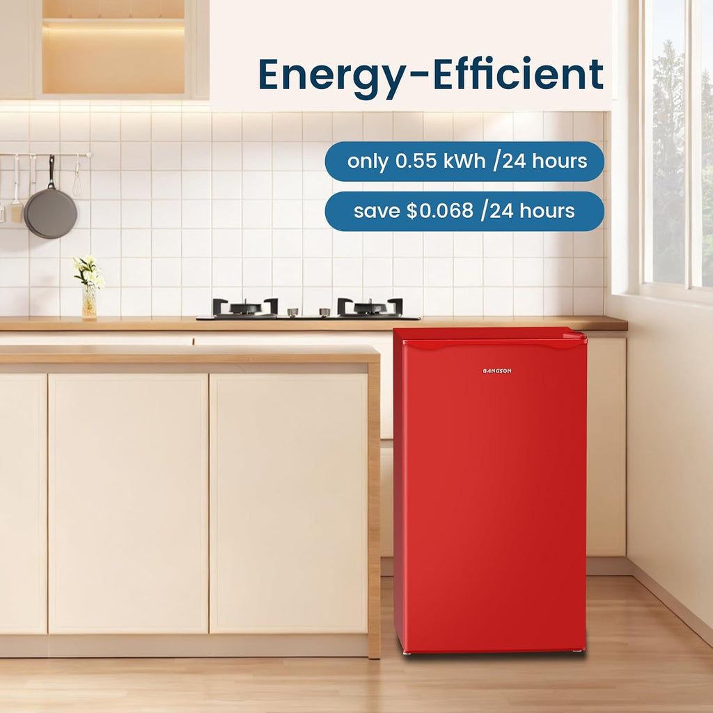BANGSON Mini Fridge with Freezer, 3.2Cu.Ft, Single Door Small Refrigerator, Energy-efficient, Low Noise, Mini fridge for Bedroom Dorm and Office, Red