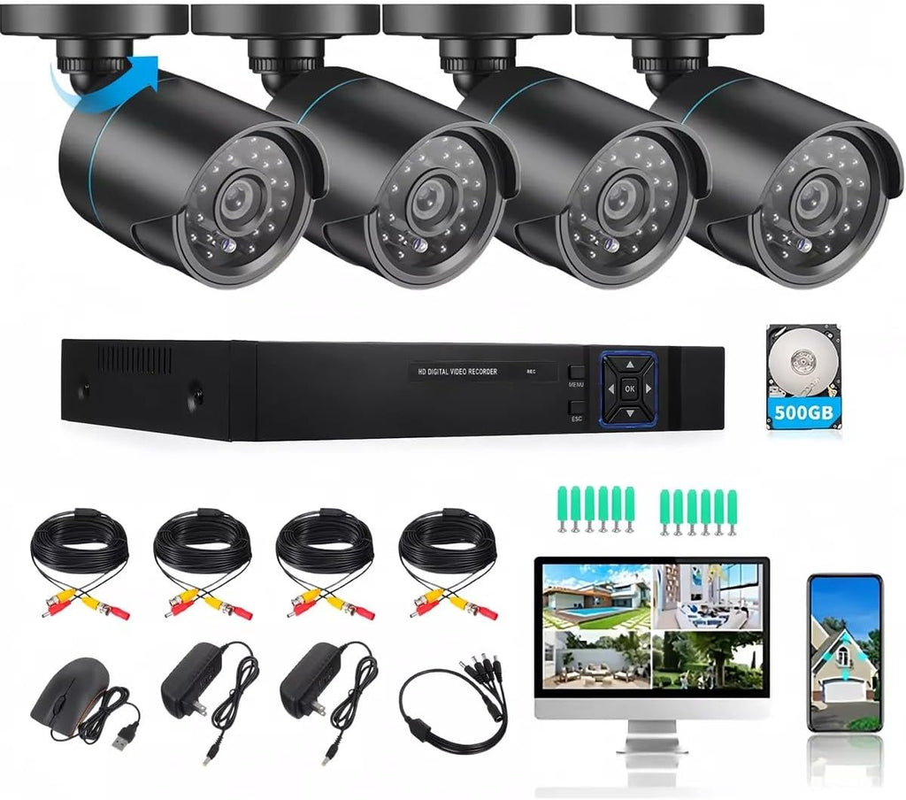 Home Security Camera System 3000TVL Surveillance DVR Kits, 4pcs Wired 1080P AHD/CVI/TVI Coaxial HD Camera Night Vision Set with AI Motion Person Detection, DVR with 500GB Hard Drive for 24-7 Recording